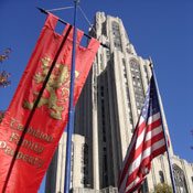 The campaign took place just outside the Cathedral of Learning, the main building on campus.