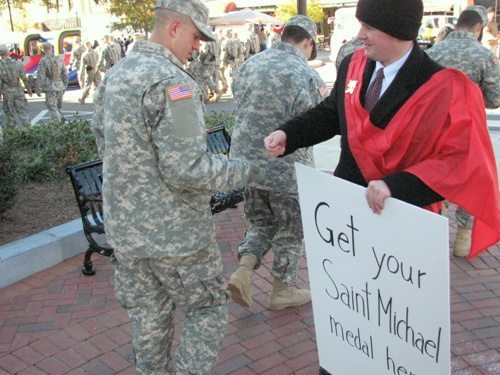 TFP member hands out Saint Michael medals to soldiers at Fort Benning