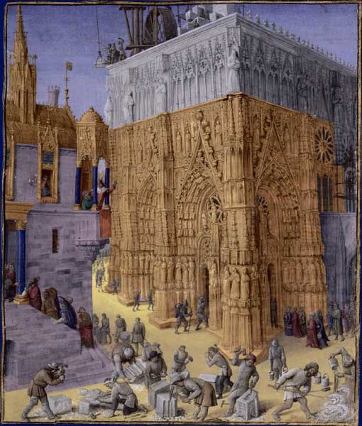 Medieval men building a Cathedral by Jean Fouquet