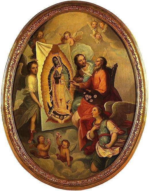 Dio Eterno Padre dipinge l'immagine di Nostra Signora di Guadalupe sulla tilma.