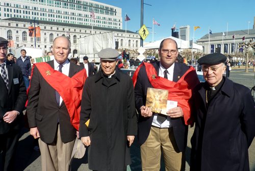 Among the distinguished speakers at the Walk for Life was His Excellency Archbishop Carlo Maria Vigano, Apostolic Nuncio to the United States, and the Most Reverend Salvatore J. Cordileone, Archbishop of San Francisco, seen here with TFP members Mr. Philip Calder and Mr. Michael Whitcraft.
