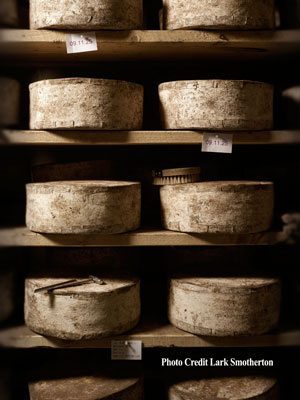 Shelves of Bandaged Cheddar in the cellars at Jasper Hill