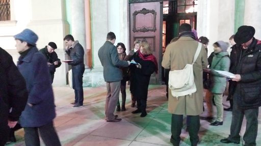 Budapest, Hungary — Collecting signatures in front of a Franciscan church.