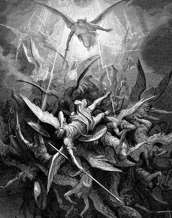 Lucifer and his followers revolt against God and are expelled from Heaven by Saint Michael's Quis Ut Deus