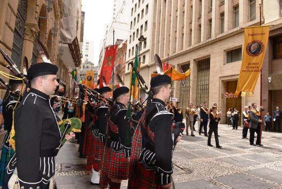 The American TFP’s very own Holy Choirs of Angels Band was also present. Here they are seen during the commemorative procession march through downtown Sao Paulo, Brazil.