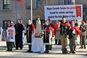 American TFP members in TFP ceremonial habit with friends and supporters protest satanic sacrilege in Oklahoma City, Christmas Eve, 2015