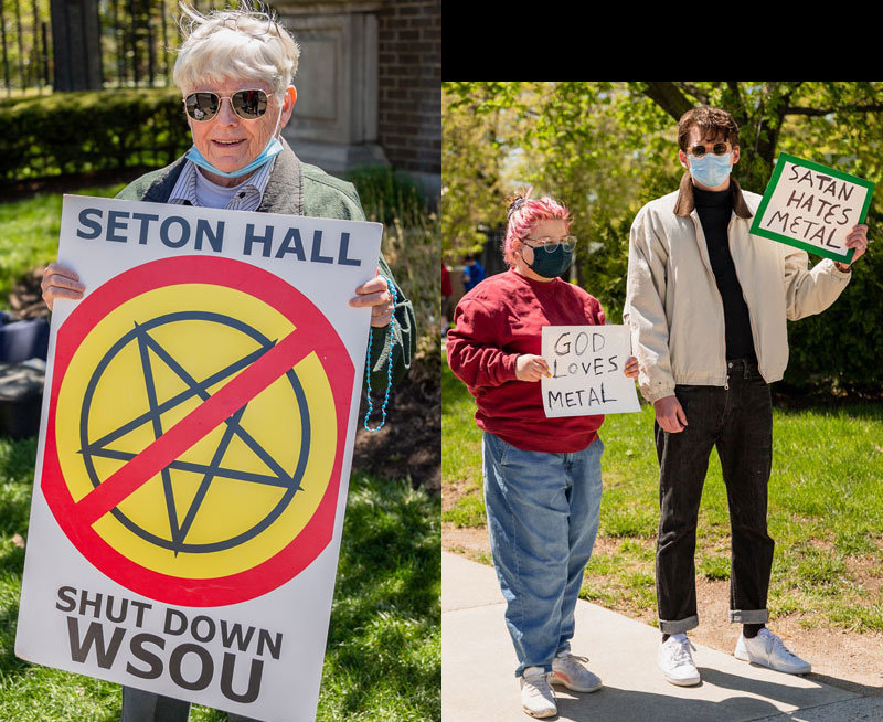 Cardboard signs that illogically read, “Satan hates metal” and “God loves metal.”