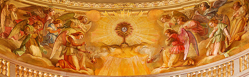 Angels’ Adoration of the Holy Eucharist, cupola fresco by Giuseppe Rollini (1889-1891) in the Basilica of Mary Help of Christians, Turin, Italy